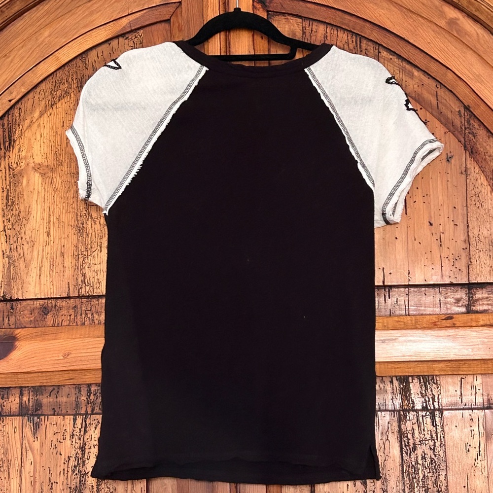 Free People Pep Rally Embroidered Rose Black White Baseball Tee Shirt - Picture 12 of 12